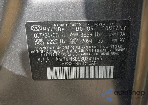 2008 Hyundai Elantra Gls/Se из США, поврежденный, VIN KMHDU46D98U349195